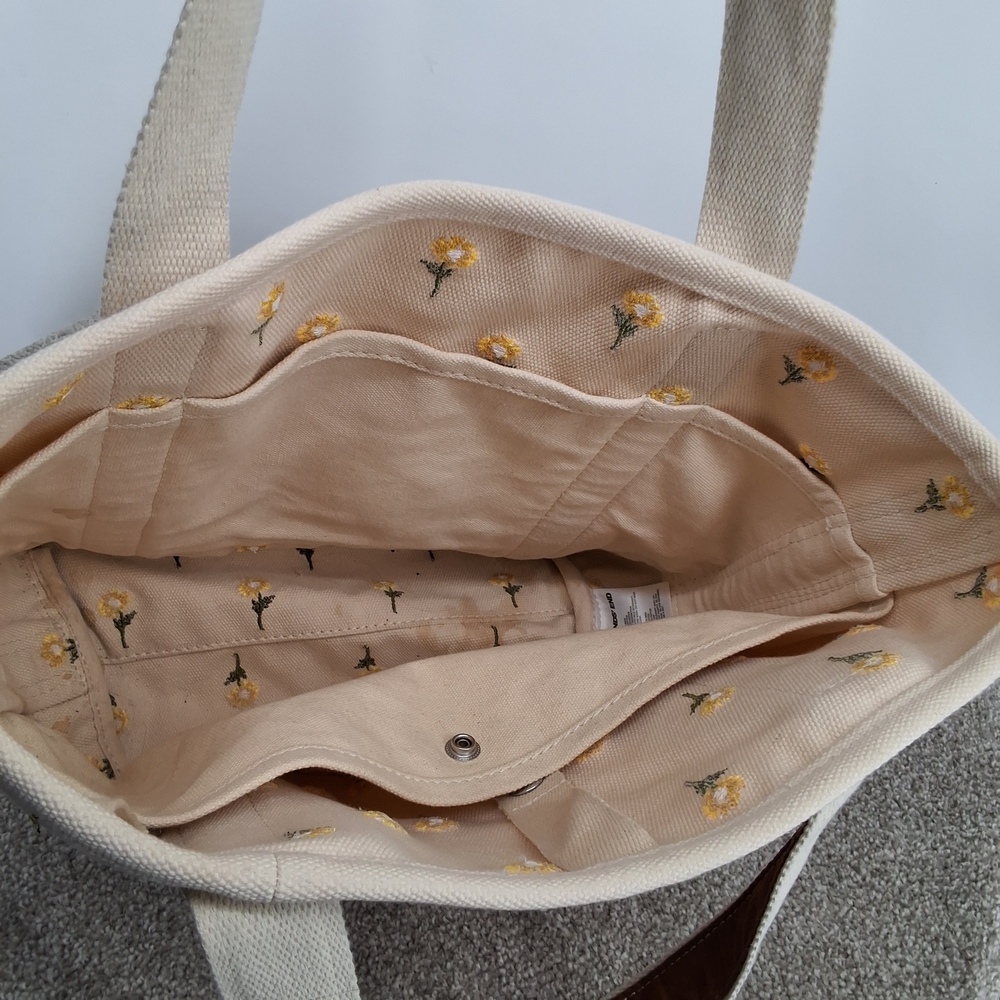 Lands' End Cream Canvas Tote with Yellow Flower Embroidery and Brown Trim - Picture 6 of 8